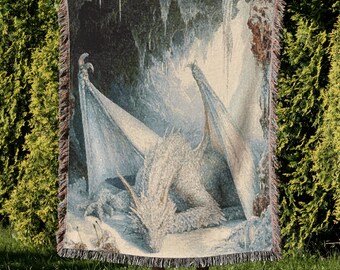 Snow Dragon Woven Blanket Ethereal Fantasy Art Throw Rug Comfy Cotton Tapestry White Ice Dragon Wall Hanging Unique Gift For Bestie 293