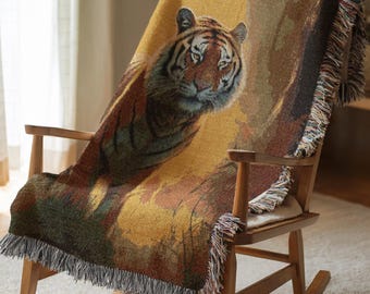Tiger Woven Blanket Jungle Animal Throw Tapestry Cotton Fringe Throw Blanket Unique Holiday Gift for Men Large Nature Home Wall Art 400