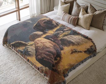 Vintage Bison Woven Blanket Buffalo Scenic Landscape Throw Native American Style Decor Cotton Woven Tapestry Living Room Wall Hanging 412