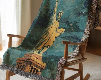 Statue of Liberty Woven Blanket New York Cityscape Throw Patriotic Birthday Gift For Dad Vintage Style Tapestry Home Decor Blanket 337