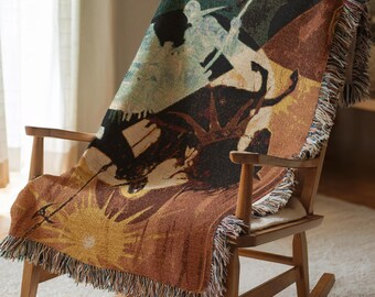 Moody Celestial Woven Blanket Gothic Knight Tapestry Throw Dark Academia Decor Anniversary Gift Sun and Moon Woven Cotton Throw Rug 367