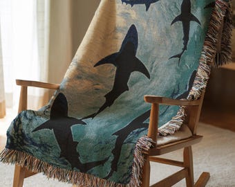 Shark Woven Blanket Holiday Gift Christmas Present for Men Cool Dorm Room Decor Blue Ocean Animal Tapestry Throw Under the Sea Gift 296