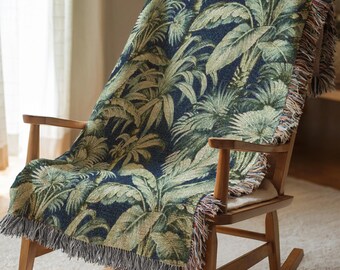 Manta tejida de algodón con estampado botánico de hojas de palma en color verde azulado oscuro. Tapiz decorativo para colgar en la pared. Regalo de lujo para mamá. 461