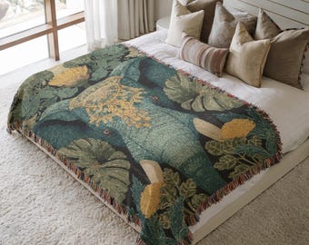 Ornate Elephant Woven Blanket Artistic Wildlife Cotton Throw Birthday Gift Teal Jungle Leaves Tapestry Wall Hanging Bedding Decor 374