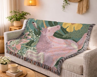 Magical Unicorn Woven Blanket Holiday Gift Cozy Floral Tapestry Throw Pegasus Winged Horse Art Aesthetic Decor Christmas Gift for Her 333
