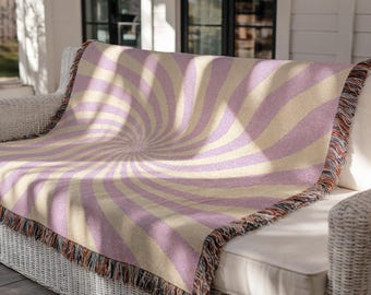 Retro Woven Blanket Groovy Purple Swirl Throw Textured Cotton Bedding Aesthetic Home Decor Gift For Her Funky Living Room Birthday Gift 514