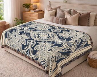 Woven Blanket Navy Blue Koi Fish Design Cotton Throw Blanket For Couch Large Decorative Tapestry Housewarming Gift Zen Home Accents 554