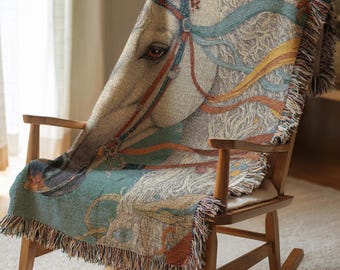 White Horse Woven Blanket Holiday Gift for Her Fantasy Horse Throw Blanket Artistic Cotton Tapestry Christmas Gift for Animal Lover 87
