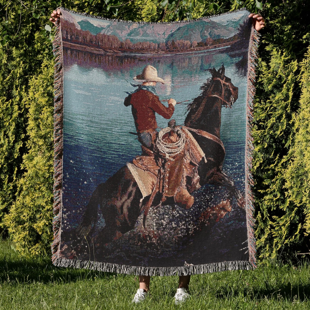 Western Alpine Lake Woven Blanket Cowboy on Horseback Riding Water Hat ...