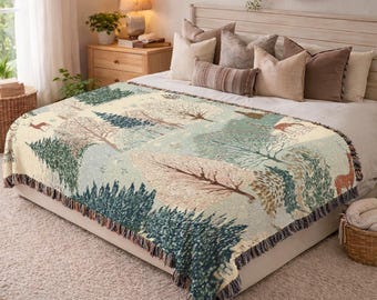 Winter Forest Woven Blanket Woodland Deer Tapestry Throw Cozy Cabin Decor Unique Holiday Gift For Her Cotton Throw Blanket Bedding 1056