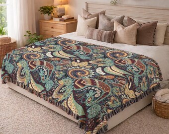 Retro Paisley Woven Blanket Earthy Tone Bed Throw Textured Cotton Fringe Coverlet Bohemian Birthday Gift For Mom Vintage Aesthetic 791