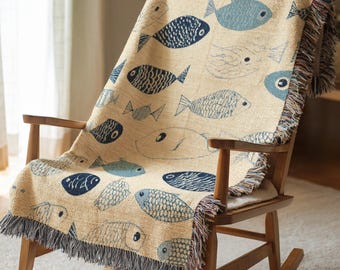 Woven Blanket with Fish Pattern Modern Coastal Living Room Decor Aesthetic Throw Blanket Lightweight Cotton Bed Cover Birthday Gift 656a