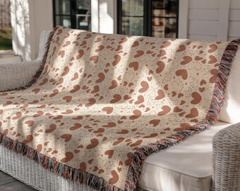 Unique Woven Blanket Cotton Textured Throw Art Decor Heart Motif Minimalist Style Living Room Bedding Special Occasion Thoughtful Gift 518