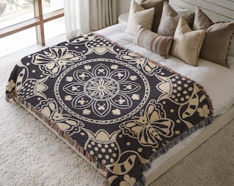 Folk Art Mandala Woven Blanket Cottagecore Symmetrical Butterflies Strawberry Heart Petals Garden Field Unique Birthday Gift Cozy Throw 570