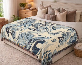 Vintage Pagoda Woven Blanket Asian Landscape Tapestry Blue Willow Throw Blanket Aesthetic Home Decor Trendy Anniversary Holiday Gift 609