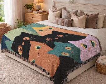 Mid Century Modern Cat Woven Blanket Retro Animal Throw Personalized Gift For New Home Housewarming Gift Cat Art Cotton Lounge Blanket 350