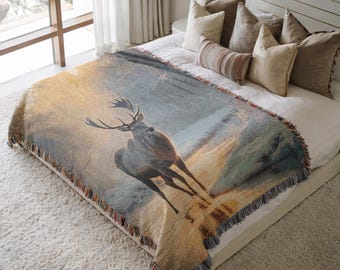 Majestic Stag Woven Blanket Birthday Gift For Him Deer Wildlife Throw Blanket Cabin Lodge Decor Forest Animal Large Cotton Tapestry 401