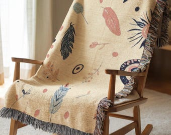 Manta tejida de algodón con estampado de plumas, regalo navideño personalizado para ella, manta acogedora de invierno, ideas de decoración para el hogar en otoño 647a