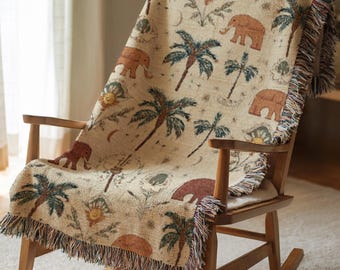 Elephant Woven Blanket Safari Cotton Throw Blanket Boho Palm Tree Home Decor Tropical Animal Bedding Christmas Holiday Gift for Her Him 468