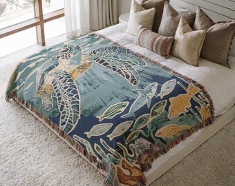 Japanese Tapestry Sea Turtle Woven Blanket Art Nouveau Style Gliding Ocean Fish Surround Unique Birthday Gift Cozy Throw Marine Life Decor