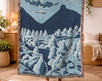 Mountain Landscape Woven Blanket Blue Pine Tree Tapestry Cotton Throw Rug Cozy Cabin Winter Holiday Gift Nature Lover Outdoor Wall Art 560