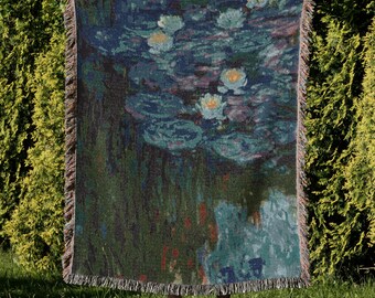 Monet Water Lilies Woven Blanket Dark Green Blue Tapestry Muted Colors Impressionist Art Throw Gift Anniversary Home Decor Soft Tones