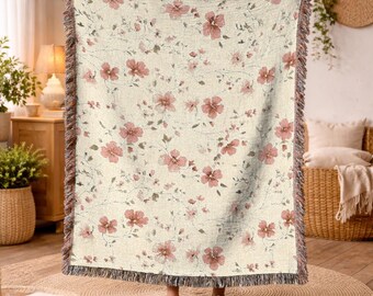 Floral Woven Blanket Pink Flower Cotton Throw Rug Vintage Botanical Tapestry Christmas Gift for Her Cozy Aesthetic Holiday Gift Idea 704a