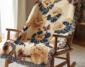 Floral Woven Blanket Holiday Gift Vintage Chinoiserie Cotton Throw Peony Flower Bedding Botanical Tapestry Cozy Winter Home Decor Gift 771