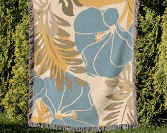 Aloha Floral Woven Blanket Hawaiian Tropical Pattern Blue Cream Mustard Yellow Leaves Coastal Home Decor Textured Throw