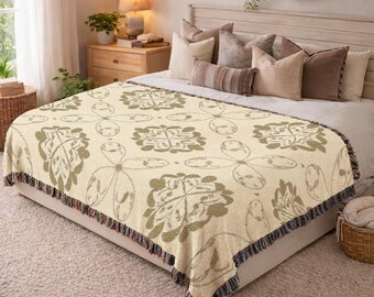 Woven Blanket French Tile Pattern Cream Cotton Throw Elegant Intricate Medallion Tapestry Cozy Neutral Decor Anniversary Gift Premium 490