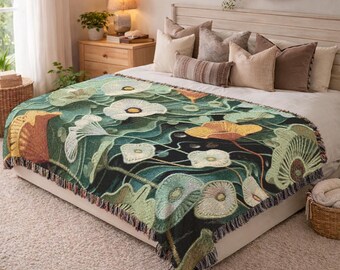 Woven Blanket Sage Green Floral Tapestry Throw Cotton Fringe Blanket Art Deco Botanical Wall Decor Cozy Living Room Gift New Home 506