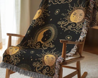Sun and Moon Woven Blanket Celestial Cotton Throw Aesthetic Room Decor Tapestry Wall Hanging Birthday Gift for Her Unique Gift Idea 462