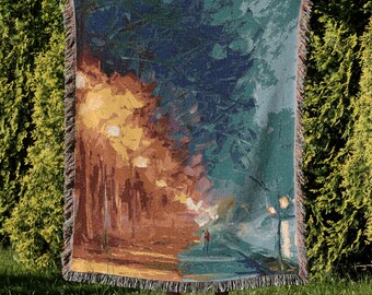 Claude Monet Evening Street Woven Blanket Dramatic Light Shadow Man Walking Illuminated Path Trees Vintage Holiday Gift Home Decor