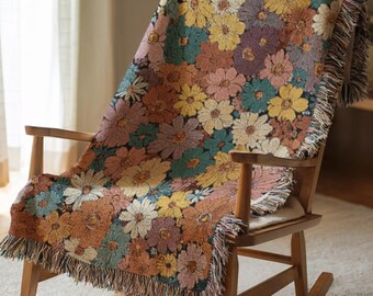 Vintage Floral Woven Blanket Retro 70s Daisy Flower Cotton Throw Rug Boho Mid Century Modern Home Decor Aesthetic Dorm Bedding Gift 449
