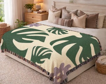 Manta tejida Monstera verde salvia con estampado de hojas tropicales, tapiz de algodón, manta decorativa estilo boho para apartamento, regalo para el hogar, manta acogedora botánica para sala de estar 637