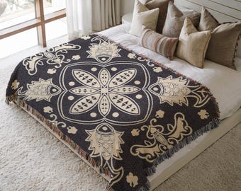 Folk Nautical Woven Blanket Navy Cream Symmetrical Floral Medallion Fish Scrollwork Botanical Motifs Cozy Holiday Gift Throw Timeless 563