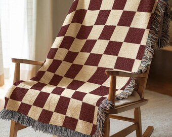 Checkered Woven Blanket Mid Century Modern Throw Cotton Fringe Blanket Aesthetic Grid Tapestry Wall Hanging Birthday Gift For Her 690