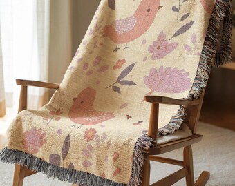 Manta tejida con estampado de pájaros rosas y flores, de algodón, ideal como regalo de cumpleaños para tu mejor amiga. Decoración con animales adorables, estilo estético para el dormitorio. 729