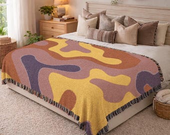 Holiday Gift Woven Blanket Warm Winter Throw Abstract Earth Tone Decor Modern Wavy Pattern Cotton Tapestry Gift for Mom Housewarming 688