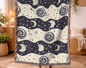 Woven Blanket Celestial Sun and Moon Throw Woven Tapestry Cotton Fringe Blanket Boho Home Decor Holiday Gift for Her Christmas Gift 464