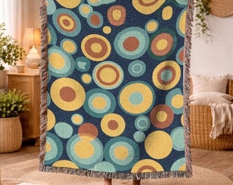 Vintage 70s Geometric Woven Blanket Bauhaus Concentric Circles Throw Blanket Colorful Abstract Art Couch Covers Birthday Gift Idea 670
