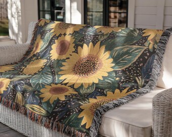 Sunflower Woven Blanket Floral Throw for Living Room Textured Cotton Art Decor Cozy Cottagecore Blanket Holiday Gift for Her Home Decor 651