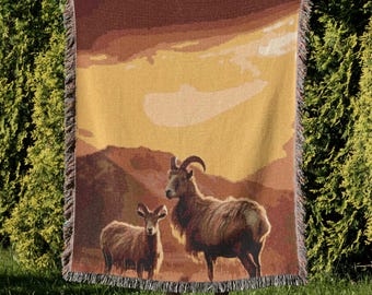 Woven Blanket Bighorn Sheep Throw Tapestry Wildlife Mountain Nature Art Couch Blanket Unique Cozy Cabin Decor Aesthetic Room Gift 395