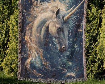 Celestial Unicorn Woven Blanket Holiday Gift Mythical Galaxy Tapestry Throw Cosmic Horse Starry Night Home Decor Fantasy Art Gift 318
