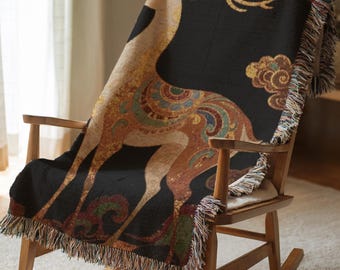 Golden Antler Deer Woven Blanket Floral Animal Throw Rug Aesthetic Bedroom Decor Folk Art Tapestry Couch Cover Special Birthday Gift 386