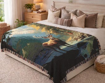Manta tejida estilo vintage con ciervo en el bosque, tapiz de algodón con escena de montaña, ideal para sofá, decoración de guardería o como regalo de inauguración de casa (396).