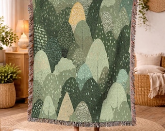 Green Landscape Woven Blanket Abstract Moss Sage Throw Blanket Earthy Tone Fringe Large Cotton Couch Cover Holiday Gift Cozy Blanket 1054