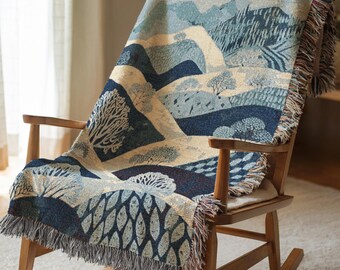 Manta tejida con diseño abstracto de bosque, azul marino, de algodón, personalizada, regalo de cumpleaños para ella, tapiz botánico moderno, decoración bohemia para la habitación 553
