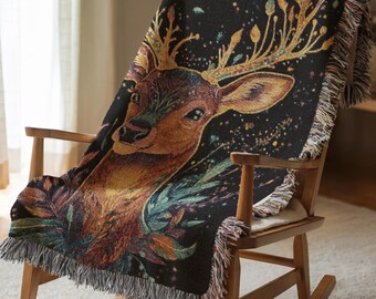 Woven Blanket Forest Deer Birthday Gift For Best Friend Gold Antler Cotton Throw Blanket Whimsical Animal Art Cottagecore Home Decor 388