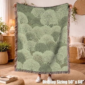 May include: A woven throw blanket featuring a repeating pattern of stylized trees in shades of sage and olive green. The rectangular blanket has a fringed edge on all sides and measures 50 inches by 60 inches as indicated by the text.